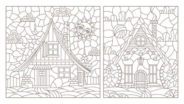 Köknar ağaçları ve gökyüzünün arka planında rahat kır evleri olan boyalı cam tarzında çizimler, beyaz arkaplanda koyu çizgiler, dikdörtgen görüntüler.