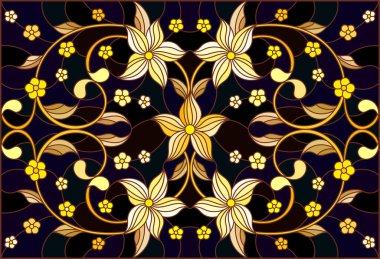 Çiçek süsüyle boyalı cam tasviri, koyu arkaplanda girdap ve çiçek motifli taklit altın.