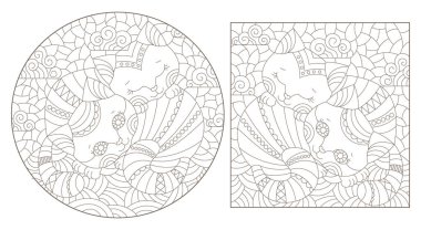 Soyut kedilerle renklendirilmiş cam tarzında çizimler, beyaz arka planda koyu çizgiler.