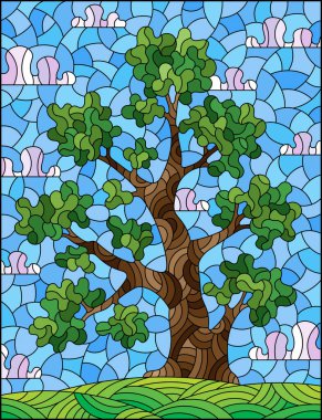 Yeşil bir ağaçla boyalı cam tarzında bir resim, bir çayırın arka planında ve mavi bulutlu bir gökyüzü, dikdörtgen bir resim