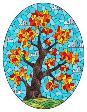 Bir sonbahar ağacı ile boyalı cam tarzında bir resim, bir çayırın arka planı ve mavi bulutlu bir gökyüzü, oval resim