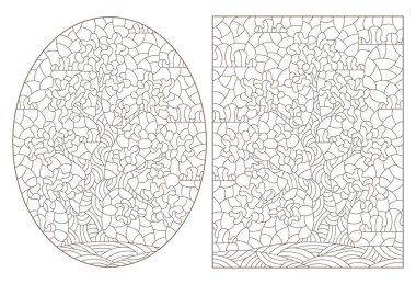 Soyut ağaçlarla renklendirilmiş cam tarzında çizimler, beyaz arka planda koyu çizgiler.