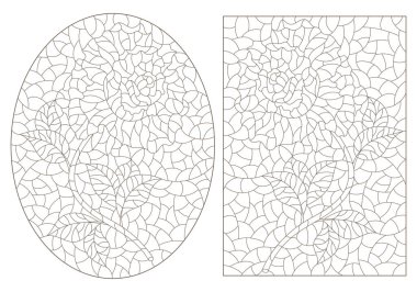 Soyut çiçeklerle renklendirilmiş cam tarzında çizimler, beyaz arkaplanda koyu çizgiler.