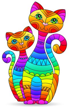 Soyut gökkuşağı kedileriyle renklendirilmiş cam tarzında resim, beyaz arkaplanda izole edilmiş figür