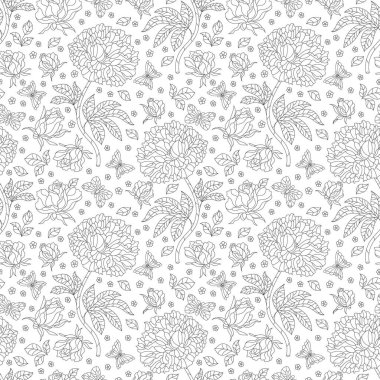 Pürüzsüz desenli. Gül çiçekleri ve kelebekler. Beyaz arka planda koyu renk çizgili çiçekler ve böcekler.