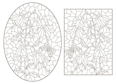 Üzerinde çiçekler, çanlar ve kelebekler olan çizimler, beyaz arkaplanda koyu çizgiler.