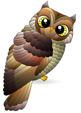 Sevimli kahverengi baykuşlu bir vitray çizimi, beyaz arka planda izole edilmiş bir kuş.