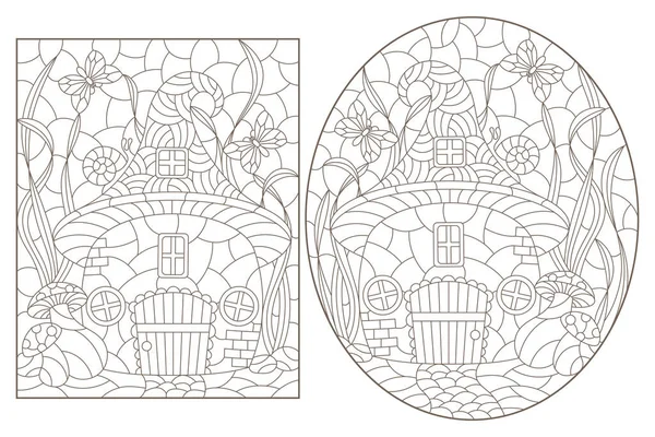 Набор Контурных Иллюстраций Карликовыми Домами Фоне Грибов Травы Темные Контуры — стоковый вектор