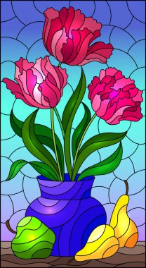 Çiçekli, durgun bir yaşam biçimli bir vitrin, parlak pembe laleli bir vazo, armutlar ve gökyüzü zemininde bir elma, dikdörtgen çizim.