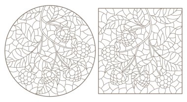 Böğürtlen ve yapraklı dalları ve beyaz arka planda koyu renk çizgileri olan boyalı cam pencerelerin çizimleri.
