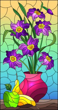 Çiçekli cam tarzı bir resim, durgun bir hayat, bir buket mor çiçekli vazo ve gökyüzü arka planında meyve.