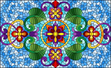 Mavi arkaplan üzerinde soyut çiçekler, yapraklar ve kıvrımlar, dikdörtgen yatay görüntü ile renklendirilmiş cam tarzında resimleme