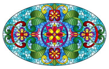 Mavi zemin üzerinde soyut çiçekler, yapraklar ve kıvrımlar bulunan boyalı cam tarzında bir resim, yatay oval resim