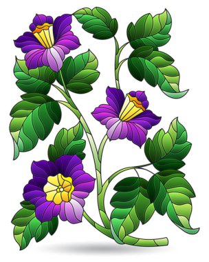 Beyaz arka planda izole edilmiş soyut mor çiçeklerden oluşan bir dalla boyalı cam tarzında bir resim