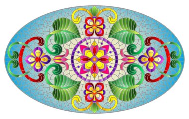 Mavi zemin üzerinde soyut çiçekler, yapraklar ve kıvrımlar bulunan boyalı cam tarzında bir resim, yatay oval resim