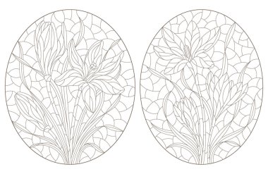 Sümbül çiçekleri, beyaz arka planda koyu çizgiler, oval görüntüler ile renklendirilmiş cam tarzı çizimler.