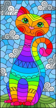 Mavi gökyüzü arka planında bulutlu, kare resimli, soyut, şirin gökkuşağı kedisiyle renklendirilmiş cam tarzı bir resim.