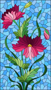 Mavi gökyüzü arka planında pembe haşhaş çiçekleri ve dikdörtgen bir görüntü ile boyalı cam tarzında bir resim