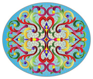 Mavi zemin üzerinde soyut çiçekler, yapraklar ve kıvrımlar bulunan boyalı cam tarzında bir resim, yatay oval resim