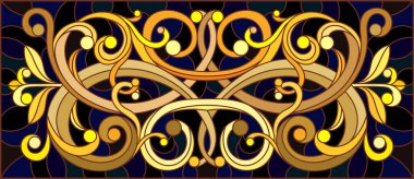 Çiçek süsüsüyle boyalı cam tasviri, koyu arkaplandaki altın desenlerin kıvrımlı ve çiçek motifli taklidi.