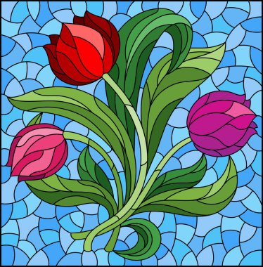 Lale çiçeklerinin mavi arkaplanlı, dikdörtgen bir görüntüsü olan çiçek desenli vitray şeklindeki resim