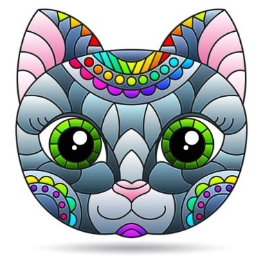 Gri bir kedinin portresiyle renklendirilmiş cam tarzında bir resim, hayvan beyaz bir arka planda izole edilmiştir.