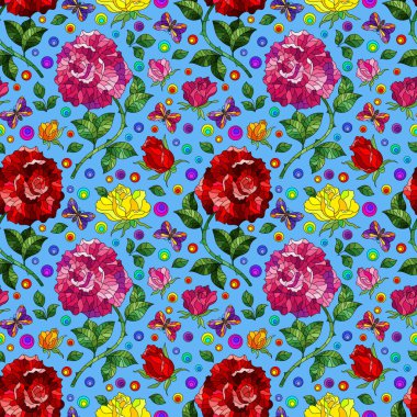 Gül çiçekleri ve kelebeklerle kusursuz desen, parlak çiçekler ve mavi arka planda böcekler