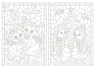 Kış manzaralarının arka planında sevimli ayılar ve kardan adamlar olan boyalı cam tarzında çizimler, beyaz arkaplanda koyu çizgiler.