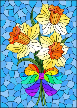 Mavi zemin üzerinde pembe nergis buketi bulunan boyalı cam tarzında bir resim, dikdörtgen şeklinde.