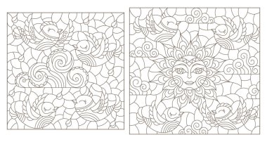 Gökyüzünde karikatür kuşları, dikdörtgen görüntüler ile renklendirilmiş cam tarzında çizimler