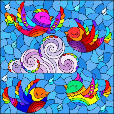 Mavi gökyüzü ve yağmur damlaları, dikdörtgen bir görüntü üzerinde parlak, şirin kuşların olduğu boyalı cam bir resim.