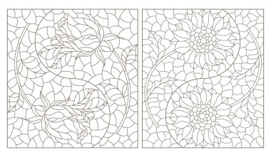 Yin Yang tabelasında güller ve ayçiçekleri olan boyalı cam şekilli çizimler, beyaz arkaplanda koyu hatlar, dikdörtgen görüntüler.