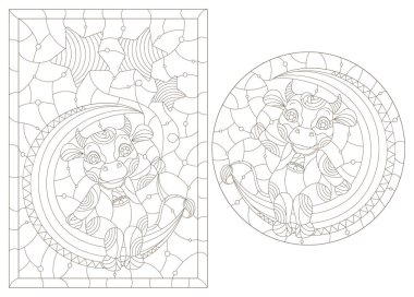 Boyalı cam tarzında şekillendirilmiş çizimler Ay 'da şirin inekler, beyaz arka planda koyu çizgiler.