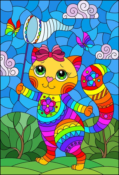 Illustration Färgat Glas Stil Med Söt Tecknad Katt Med Fjäril — Stock vektor