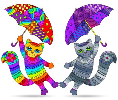 Vitraylı çizimler, şemsiyeli şirin kediler, beyaz arka planda izole edilmiş hayvanlar.