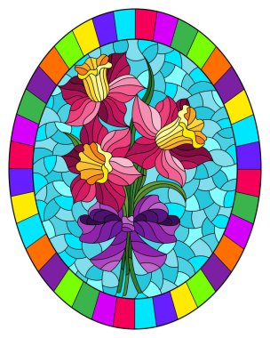 Mavi arka planda pembe nergis buketi, parlak çerçevede oval görüntü ile boyalı cam tarzında bir resim.