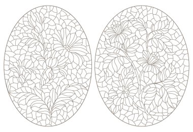 Soyut çiçeklerle renklendirilmiş cam tarzında çizimler, beyaz arkaplanda koyu çizgiler.