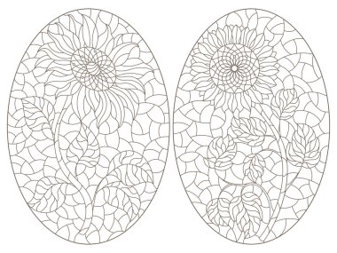 Boyalı cam tarzında, ayçiçeği çiçekli, beyaz arkaplandaki koyu çizgiler, oval görüntüler.