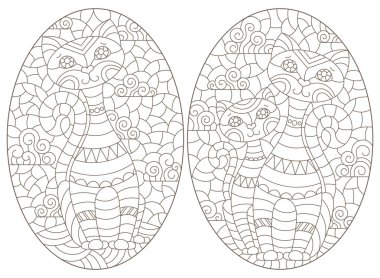 Soyut kedili mozaik cam tarzında tasvirler, beyaz arkaplanda koyu çizgiler, oval görüntüler