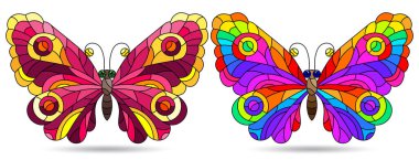 Parlak kelebekli, boyalı cam tarzında çizimler, beyaz arka planda izole edilmiş böcekler.