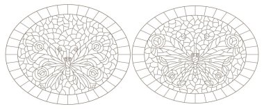 Çerçevelerinde kelebekler, beyaz arka planda koyu çizgiler, oval çizimler olan boyalı cam tarzında çizimler.