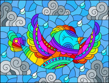 Mavi gökyüzü ve bulutların arka planında parlak gökkuşağı kuşağı olan boyalı cam pencere tasviri