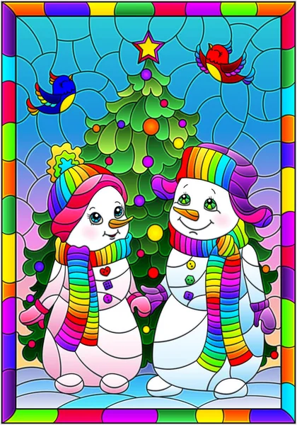 Stained Glass Illustration Pair Cute Cartoon Snowmen Background Christmas Tree — Stock Vector