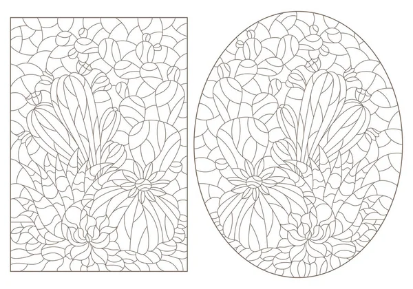 ステンドグラス風の輪郭線のセットで 白地にはサボテン 濃い輪郭線が描かれています — ストックベクタ