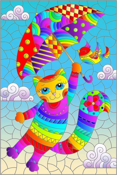 Ilustración Vidrieras Con Lindo Gatito Arco Iris Dibujos Animados Con — Vector de stock