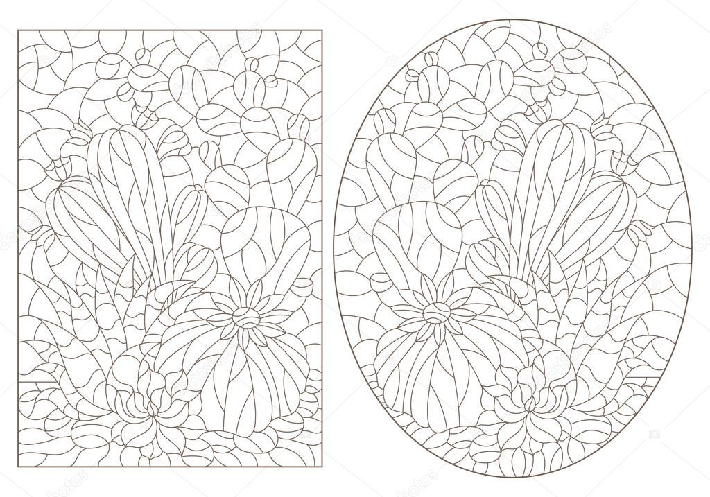 Set of contour illustrations in the style of stained glass with compositions of cacti, dark outlines on a white background