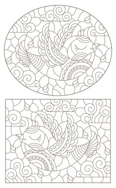 Bulutlu bir arka planda şirin kuşlar, beyaz arkaplanda koyu çizgiler ve boyalı cam tarzında çizimler.