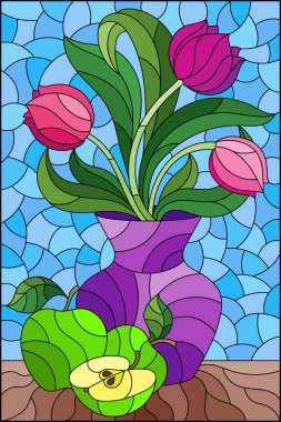Çiçekli, durgun bir yaşam tarzı olan vitray bir resim, parlak laleli bir vazo, mavi arka planda elmalar, dikdörtgen çizimler.