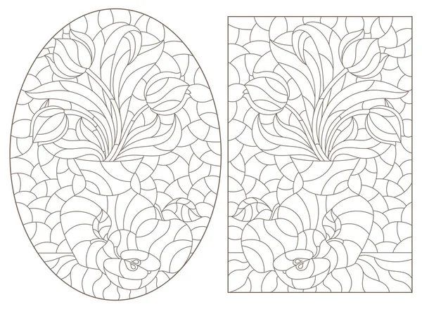 Ensemble Illustrations Contour Avec Des Natures Mortes Fleurs Des Tulipes — Image vectorielle