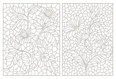 Soyut çiçeklerle renklendirilmiş cam tarzında çizimler, beyaz arkaplanda koyu çizgiler.